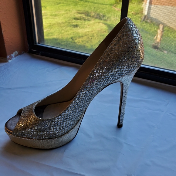Jimmy Choo Peep-Toe Metallic 5" Stiletto heels Silver Italian 37 (US 7) - Picture 4 of 10